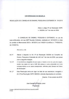 Resolução do Conselho de Ensino, Pesquisa e Extensão nº 0191/2010