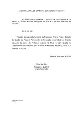 Ato da Câmara de Carreira Docente N° 0153/2016